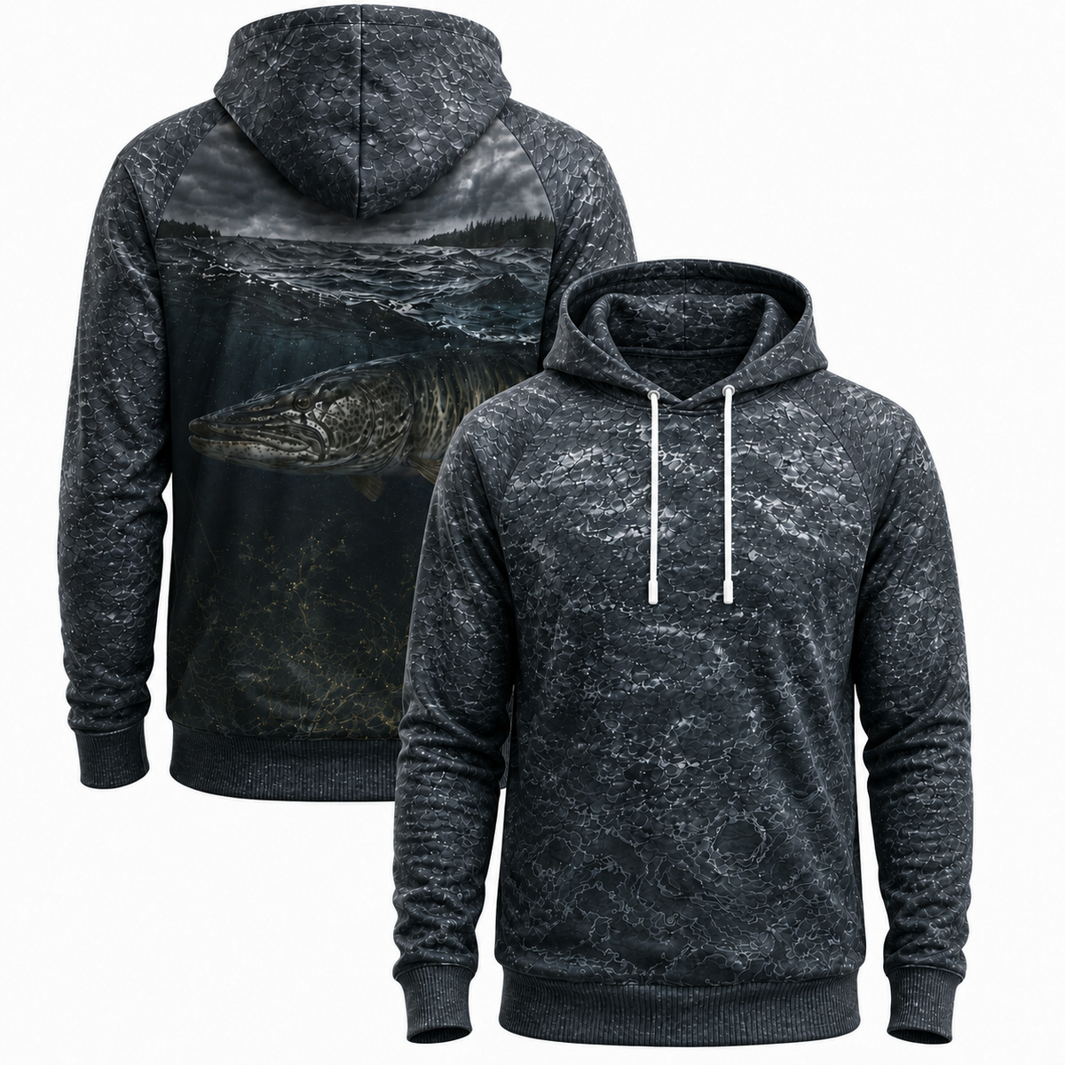Muskie 3D Fishing Hoodie – Grayscale Storm Angler Gift