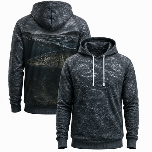 Muskie 3D Fishing Hoodie – Grayscale Storm Angler Gift