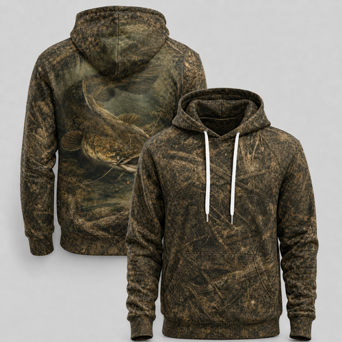 Catfish 3D Fishing Hoodie – Woodland Camo Angler Gift