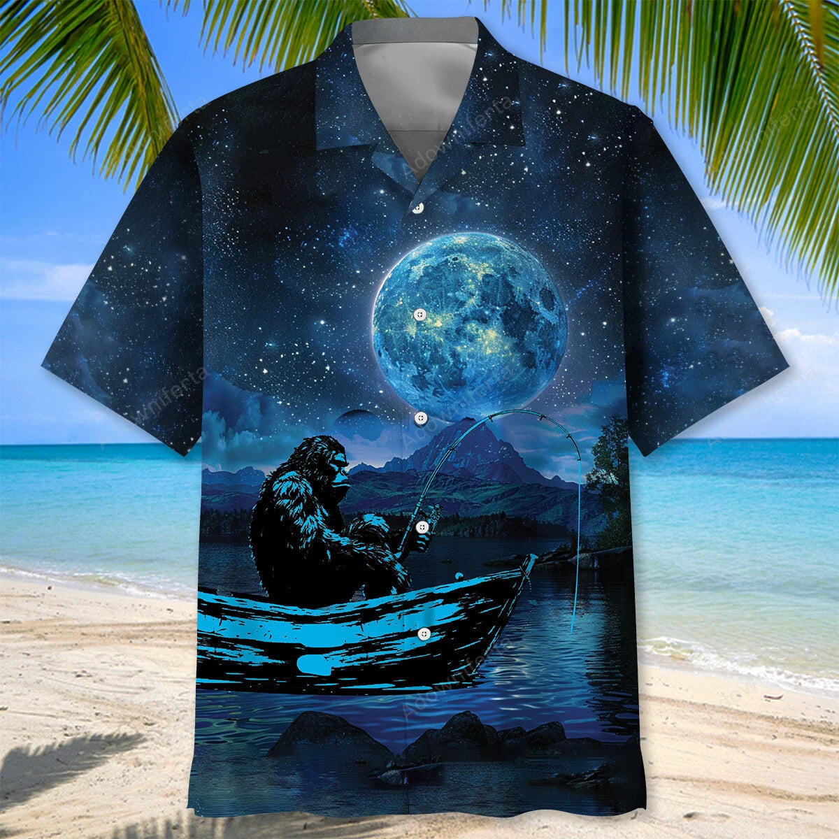 Bigfoot Fishing Moon Night Blue Hawaiian Shirt