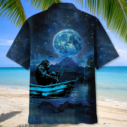 Bigfoot Fishing Moon Night Blue Hawaiian Shirt