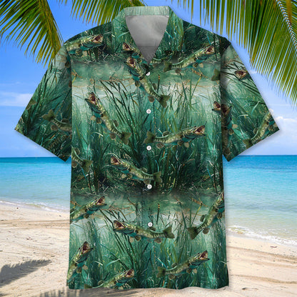 Bass Fishing In Grass Green Hawaiian Shirt