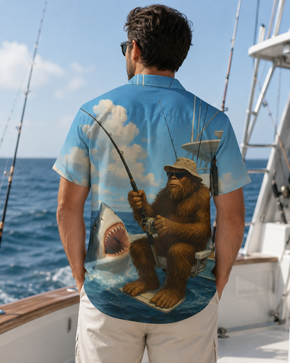 Men's Funny Bigfoot Shark Fishing Hawaiian Shirt | Short Sleeve